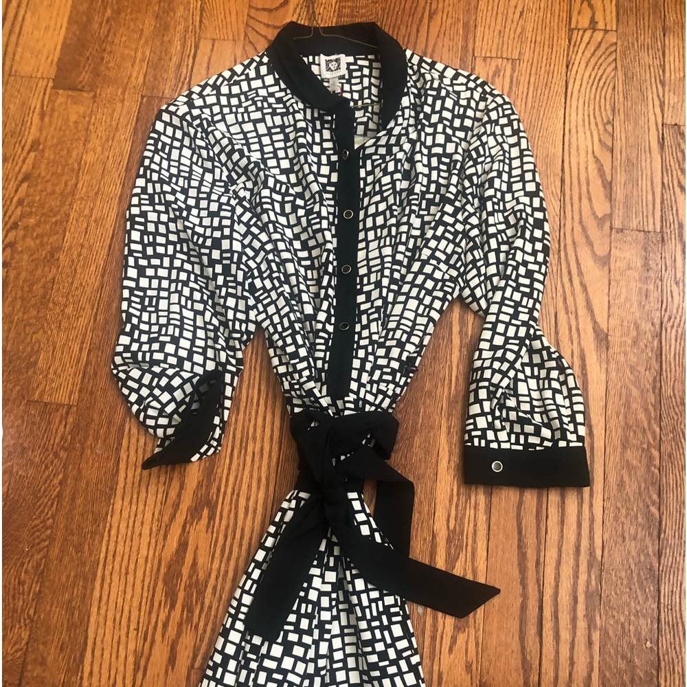 Anne Klein Black and White Shirt Dress w/Tie Belt